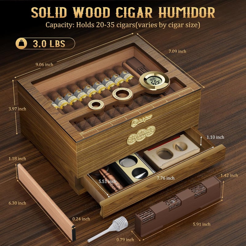 LIHTUN Cigar Humidor, Glass Top Desktop Cigars Case with Digital Hygrometer, Humidifier, Cigar Accessories Drawer and Measuring Scale, Cigars Humidors Box for Men Gift - Image 4